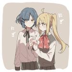  2girls ahoge bangs black_bow black_bowtie blonde_hair blue_hair blush bocchi_the_rock! border bow bowtie braid breasts closed_mouth collared_shirt commentary_request eyes_visible_through_hair grey_background grey_skirt grey_vest hair_between_eyes hair_ornament hairclip hand_up hands_up holding holding_hands ijichi_nijika long_hair long_sleeves looking_at_another looking_down medium_breasts mole mole_under_eye multiple_girls outside_border polka_dot polka_dot_bow polka_dot_bowtie ponytail puffy_long_sleeves puffy_sleeves red_bow red_bowtie red_eyes ree_(re-19) shirt short_hair side_ponytail sidelocks simple_background skirt standing translation_request vest white_border white_shirt yamada_ryou yellow_eyes 