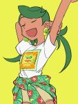  1girl :d alternate_costume arm_up bangs brown_shorts closed_eyes clothes_around_waist commentary cowboy_shot earrings elizabeth_(tomas21) green_background green_hair hand_up happy highres jewelry long_hair mallow_(pokemon) open_mouth pokemon pokemon_(game) pokemon_sm shirt short_sleeves shorts simple_background smile solo stretching swept_bangs t-shirt twintails white_shirt 