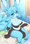  2023 3_toes 4_fingers anthro aquamarine_(gem) big_breasts blush breasts claws cleavage clothed clothing cute_fangs digital_media_(artwork) feet female female_anthro finger_claws fingers forehead_gem fur hair hi_res high-angle_view horokusa0519 hybrid kemono lagomorph leporid looking_at_viewer mammal midriff multi_tail mythological_carbuncle mythology navel open_mouth partially_submerged pawpads paws rabbit short_stack sitting solo tail thick_thighs toe_claws toes tongue translated_description water wide_hips 