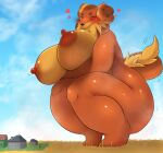 absurd_res anthro areola big_breasts big_butt breasts brown_body brown_fur butt canid canine canis dachshund domestic_dog duo eyes_closed female fur hi_res human hunting_dog kify larger_female macro male mammal nintendo nipples pokemon size_difference smaller_male smile tail 