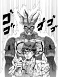  2boys armor aura coat crossover doctor greyscale highres houjou_emu jojo_no_kimyou_na_bouken jojo_pose kamen_rider kamen_rider_ex-aid kamen_rider_ex-aid_(series) labcoat looking_at_viewer menacing_(jojo) monochrome multiple_boys muscular muscular_male pen short_hair shoulder_armor source_request spiked_hair stand_(jojo) stethoscope 