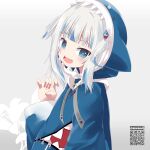  1girl :d absurdres animal_hood bad_hands blue_eyes blue_hair blue_hoodie commentary_request drawstring floral_background gawr_gura grey_background grey_hair hair_ornament hand_up highres hololive hololive_english hood hood_up hoodie long_sleeves looking_at_viewer multicolored_hair qr_code shark_hood sharp_teeth simple_background smile solo streaked_hair teeth twitter_username two_side_up virtual_youtuber wide_sleeves yamaguchi_shinnosuke 