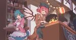  2girls absurdres animal_ears apron bird_ears bird_wings blue_headwear blush brown_kimono cooking dog_ears dog_tail fire food food_stand fried_rice frilled_apron frills frying_pan green_eyes green_hair hair_between_eyes head_scarf highres holding holding_frying_pan holding_tray japanese_clothes kasodani_kyouko kimono long_sleeves multiple_girls mystia_lorelei okamisty open_mouth pink_eyes pink_hair rangque_(user_vjjs4748) refrigerator rice short_hair smile tail touhou touhou_mystia&#039;s_izakaya tray white_apron white_wings wide_sleeves wings yatai 