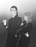  1boy 1girl bindi black_gloves black_hair black_jacket black_necktie black_pants black_suit cissnei coffee_cup collared_shirt cowboy_shot crisis_core_final_fantasy_vii crossed_arms cup disposable_cup earrings final_fantasy final_fantasy_vii formal gloves gradient gradient_background grey_background greyscale hair_pulled_back hand_in_pocket hand_on_own_chin highres holding holding_cup jacket jewelry long_hair long_sleeves looking_at_another monochrome necktie negitoro_umaai open_mouth pants ponytail shirt smile straight_hair suit suit_jacket tseng wavy_hair white_shirt 
