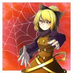  1girl bangs black_bow blonde_hair bow brown_dress brown_eyes closed_mouth dress hair_bow highres hurin_raika kurodani_yamame long_sleeves looking_at_viewer red_background short_hair silk smile solo spider_web spider_web_background touhou upper_body 