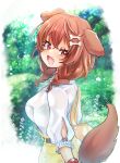  1girl animal_ears bag belt blush bone_hair_ornament breasts brown_eyes brown_hair dog_ears dog_girl dog_tail eyelashes hair_ornament handbag highres hololive inugami_korone kamiya_zuzu large_breasts looking_back open_mouth outdoors shorts solo tail virtual_youtuber yellow_shorts 