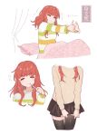  1girl :3 bed black_skirt black_thighhighs brushing_teeth closed_eyes de_ruyter_(kancolle) dress dressing head_out_of_frame kantai_collection long_hair pleated_dress red_hair skirt sleepwear solo stretching striped striped_sweater sweater thighhighs toothbrush translation_request upper_body waking_up wavy_mouth white_sweater yamashichi_(mtseven) 