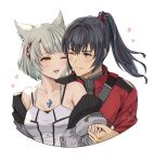  1boy 1girl animal_ears bangs black_hair blue_eyes blush breasts camisole cat_ears chest_jewel couple highres holding_hands jacket long_hair mio_(xenoblade) noah_(xenoblade) one_eye_closed oyasu_(kinakoyamamori) ponytail red_jacket short_hair small_breasts smile tank_top white_camisole white_hair white_jacket white_tank_top xenoblade_chronicles_(series) xenoblade_chronicles_3 yellow_eyes 