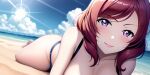  1girl absurdres ai-generated alternate_breast_size beach bikini breasts cleavage commentary day highres large_breasts looking_at_viewer love_live! love_live!_school_idol_project lying mulyono_hebat nishikino_maki ocean on_stomach purple_eyes red_hair smile sun swimsuit symbol-only_commentary water 
