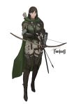  1girl absurdres archery arm_guards armor belt boots bow_(weapon) cape fantasy fingerless_gloves gauntlets gloves highres holding holding_weapon leather_armor long_hair looking_at_viewer medieval original shoulder_armor simple_background solo sonech standing weapon 