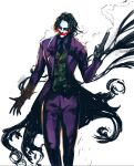  1boy artist_name bangs batman_(series) black_gloves collared_shirt dc_comics feet_out_of_frame gloves green_hair green_vest gun hand_up highres holding holding_gun holding_weapon jacket joker_(dc) looking_at_viewer pants purple_jacket purple_pants purple_shirt red_lips shirt smile solo the_dark_knight vest weapon white_background yourfreakyneighbourh 