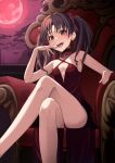  1girl :d bangs bare_arms bare_legs blush bow breasts brown_eyes brown_hair choker cleavage collarbone criss-cross_halter crossed_legs dress evening_gown fangs hair_bow halterneck highres k3rd long_hair moon open_mouth red_bow red_choker red_dress red_moon shirai_kuroko short_dress sitting sleeveless sleeveless_dress small_breasts smile solo toaru_majutsu_no_index twintails 