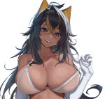  1girl animal_ears bangs bare_shoulders bikini bikini_top_only biting black_hair blonde_hair blue_eyes blush breasts cleavage collarbone crossed_bangs dark-skinned_female dark_skin dehya_(genshin_impact) elbow_gloves fang genshin_impact gloves hair_between_eyes hair_intakes homura0_1 lace-trimmed_bikini lace_trim large_breasts lip_biting lips long_hair looking_at_viewer multicolored_hair parted_lips simple_background smile strap_pull streaked_hair sweat swimsuit teeth two-tone_hair unfinished upper_body white_background white_bikini white_gloves 