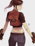  1girl absurdres belt black_shirt blue_pants brown_belt brown_hair claire_redfield cowboy_shot crop_top cropped_vest dual_wielding embroidery ericson_blum from_behind grey_background gun highres holding holding_gun holding_weapon long_sleeves looking_to_the_side midriff pants ponytail red_vest resident_evil shirt short_sleeves sidelocks signature solo vest weapon 