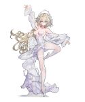  1girl arm_up ballerina ballet ballet_slippers bare_shoulders blonde_hair breasts choker cleavage dress en_pointe leotard long_hair original pantyhose simple_background solo standing standing_on_one_leg starshadowmagician white_background white_dress 