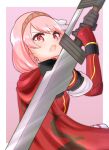  1girl arm_guards armor bangs black_gloves braid cape fire_emblem fire_emblem_engage gloves grey_hairband hair_ribbon hairband highres holding holding_sword holding_weapon ikonaska lapis_(fire_emblem) looking_at_viewer open_mouth pink_eyes pink_hair red_armor red_cape red_hairband ribbon short_hair side_braid solo sword two-tone_hairband v-shaped_eyebrows weapon white_ribbon 