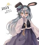  1girl 2023 :d absurdres animal_ears bangs black_hair blue_flower blue_hair blush chinese_zodiac dochmaru fang flower hair_between_eyes hair_flower hair_ornament hanbok highres korean_clothes korean_commentary looking_at_viewer multicolored_hair nijisanji nijisanji_kr open_mouth rabbit_ears ryu_hari simple_background sleeves_past_wrists smile solo streaked_hair virtual_youtuber white_background year_of_the_rabbit 