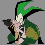  2022 blonde_hair clothing demon digital_drawing_(artwork) digital_media_(artwork) duo eyes_closed female green_clothing grey_background hair helluva_boss hhbsoul hi_res horn humanoid kiss_on_lips kissing male male/female mammon_(helluva_boss) simple_background 