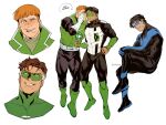  4boys bara batman_(series) black_bodysuit black_hair blue_bodysuit bodysuit brown_hair dc_comics dick_grayson domino_mask english_text gloves green_bodysuit green_lantern green_lantern_(series) green_vest guy_gardner hal_jordan highres kyle_rayner large_pectorals mask melonnabar multicolored_bodysuit multicolored_clothes multiple_boys muscular muscular_male nightwing orange_hair pectorals short_hair simple_background smile teeth tongue tongue_out twitter_username vambraces vest white_background white_bodysuit white_gloves 