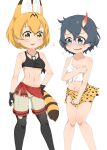  2girls animal_ears black_gloves black_pantyhose black_tank_top blonde_hair blue_eyes blue_hair blush breasts cat_ears cat_tail chis_(js60216) cleavage covering covering_breasts embarrassed fang gloves hand_on_hip highres kaban_(kemono_friends) kemono_friends looking_at_viewer medium_breasts midriff multiple_girls navel open_mouth pantyhose print_skirt serval_(kemono_friends) serval_print shiny_hair short_hair shorts simple_background skirt small_breasts smile tail tank_top torn_clothes underboob white_background white_shorts yellow_eyes 