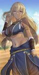  1girl alternate_costume bangs blonde_hair breasts capelet cleavage dark-skinned_female dark_skin desert fire_emblem fire_emblem:_the_binding_blade highres igrene_(fire_emblem) ippers large_breasts long_hair looking_at_viewer navel pelvic_curtain see-through solo yellow_eyes 