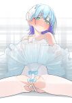  1boy anal anal_object_insertion aqua_eyes arms_behind_back ass ballet bare_shoulders blue_hair blush crossdressing embarrassed frills highres leotard looking_at_viewer male_focus mubo multicolored_hair object_insertion original otoko_no_ko pantyhose see-through short_hair solo sweat two-tone_hair white_pantyhose 