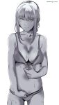  1girl absurdres blush bra bra_pull breasts chainsaw_man clothes_pull greyscale hand_in_panties head_cha_la highres makima_(chainsaw_man) medium_breasts monochrome panties short_hair smile standing sweat sweatdrop underwear 