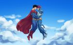  2boys black_hair blonde_hair blue_bodysuit bodysuit boots cape cloud couple dc_comics flying highres jay_nakamura jonathan_kent looking_at_another male_focus melonnabar multiple_boys red_cape short_hair sky smile superboy superman_(series) twitter_username two-tone_bodysuit yaoi 