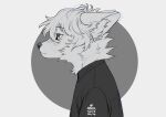  2019 anthro azuza bust_portrait canid cheek_tuft clothed clothing dated ears_back facial_tuft greyscale hair hi_res inner_ear_fluff male mammal messy_hair monochrome mouth_closed narrowed_eyes neck_tuft neutral_expression pivoted_ears portrait shirt short_hair side_view signature simple_background solo topwear tuft 