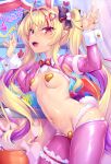  1girl :d animal_ears blonde_hair blush breasts covered_nipples hair_ornament heart_pasties highres long_hair looking_at_viewer maebari meme_attire multicolored_hair navel navel_piercing original pasties piercing pink_thighhighs pointy_ears purple_hair rabbit_ears rabbit_tail red_eyes red_nails reverse_bunnysuit reverse_outfit smile solo tail teeth thighhighs toraishi_666 twintails two-tone_hair very_long_hair 