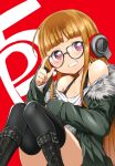  adjusting_eyewear atlus bangs bare_shoulders blunt_bangs blush boots brown_hair fur_trim glasses grin headphones highres jacket kamiya_zuzu long_hair persona persona_5 purple_eyes red_background sakura_futaba shirt sitting smile tank_top very_long_hair white_shirt 