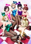  5girls 5saiji absurdres animal_ears ass asymmetrical_bangs bangs bare_shoulders black_footwear black_hair blonde_hair blue_bow blue_bowtie blue_leotard blush bow bowtie breasts brown_eyes brown_hair checkered_floor cleavage closed_mouth collarbone covered_navel demon_tail detached_collar fake_animal_ears fake_tail fishnet_pantyhose fishnets full_body green_bow green_bowtie green_leotard high_heels highleg highleg_leotard highres large_breasts leotard light_brown_hair light_smile long_hair looking_at_viewer medium_breasts medium_hair multiple_girls no_bra on_floor original pantyhose parted_lips pink_bow pink_bowtie pink_leotard playboy_bunny purple_bow purple_bowtie purple_eyes purple_leotard rabbit_ears rabbit_tail red_bow red_bowtie red_footwear red_leotard short_hair side-tie_leotard sidelocks sitting smile strapless strapless_leotard swept_bangs tail thighs wariza wrist_cuffs yellow_bow yellow_bowtie yellow_leotard 