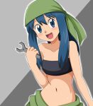  1girl :d alternate_costume bandana bangs black_bandeau blue_eyes blue_hair blush collarbone commentary_request dawn_(pokemon) eyelashes green_bandana green_pants hand_up holding holding_wrench kuro_hopper long_hair looking_at_viewer navel open_mouth outline pants pokemon pokemon_(anime) pokemon_dppt_(anime) smile solo tongue wrench 