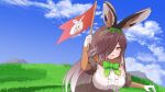  1girl animal_ears bow bowtie brown_fur brown_gloves brown_hair brown_skirt elbow_gloves european_hare_(kemono_friends) flag fur_collar gloves green_bow green_bowtie hair_bow hair_over_one_eye high-waist_skirt highres karekusa_meronu kemono_friends kemono_friends_3 long_hair mountain_hare_(kemono_friends) orange_eyes rabbit_ears rabbit_girl shirt skirt two-tone_gloves white_gloves white_shirt 