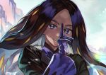  1girl black_hair black_jacket blue_eyes commentary_request dark-skinned_female dark_skin day eyelashes floating_hair geeta_(pokemon) gloves hand_up highres jacket long_hair long_sleeves looking_at_viewer otsudou outdoors parted_lips pokemon pokemon_(game) pokemon_sv purple_gloves purple_shirt shirt smile solo upper_body 