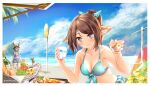  3girls amiya_(arknights) animal_ears arknights bangs bare_arms bare_shoulders beach bikini blue_bikini blue_sky breasts brown_hair ceobe_(arknights) cloud commentary_request cup day fox_ears front-tie_bikini_top front-tie_top hands_up holding holding_cup large_breasts looking_at_viewer multiple_girls navel o_o ocean off-shoulder_shirt off_shoulder outdoors perfumer_(arknights) ponytail purple_eyes rabbit_ears shirt short_hair sky smile stomach swimsuit upper_body yokaze_(yokajie) 