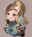  1girl :d aqua_ascot armor ascot bangs blonde_hair blunt_bangs breasts clair_(fire_emblem) fire_emblem fire_emblem_echoes:_shadows_of_valentia haru_(nakajou-28) light_brown_background long_hair medium_breasts open_mouth orange_eyes ponytail sidelocks single_horizontal_stripe smile solo teeth turtleneck twitter_username upper_body upper_teeth_only 