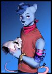  anthro armband azuza black_border black_nose blue_armband blue_body blue_bottomwear blue_clothing blue_fur blue_hair blue_pants border bottomwear cheek_tuft clothed clothing facial_tuft fur glistening glistening_eyes hair half-length_portrait hi_res holding_mask kerchief male mask messy_hair mouth_closed neckerchief pants pink_armband portrait purple_eyes red_clothing red_kerchief red_neckerchief red_topwear short_hair signature simple_background skull_mask solo species_request teeth three-quarter_view topwear tuft 
