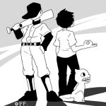  1other 2boys baseball_bat baseball_cap baseball_uniform black_hair cat hat looking_away lowres monochrome multiple_boys off_(game) shirt smile sportswear ss1313 the_batter_(off) the_judge_(off) white_shirt zacharie_(off) 