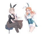  2girls :d animal_ears annette_fantine_dominic black_bow black_bowtie black_hairband black_leotard black_nails black_pantyhose blue_eyes blue_ribbon bow bowtie breasts brown_hair cleavage cropped_legs detached_sleeves dress_shirt fake_animal_ears fake_tail fire_emblem fire_emblem:_three_houses floating_hair grin hairband highleg highleg_leotard highres holding leotard long_hair long_sleeves looking_at_viewer medium_breasts mercedes_von_martritz miniskirt moja_(rainpoow) multiple_girls nail_polish neck_ribbon open_mouth pantyhose pencil_skirt rabbit_ears rabbit_tail ribbon shirt short_hair short_sleeves simple_background sitting skirt sleeveless sleeveless_shirt smile standing tail underbust white_background white_hairband white_shirt white_skirt white_sleeves wrist_cuffs 