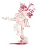  1girl arm_up back ballerina ballet ballet_slippers bare_shoulders blue_eyes breasts en_pointe flower hair_flower hair_ornament long_hair original red_hair sideboob simple_background solo standing standing_on_one_leg starshadowmagician white_background 