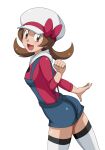  1girl :d ass blue_overalls blush bow brown_eyes brown_hair cabbie_hat commentary_request from_side hat hat_bow kuro_hopper long_hair lyra_(pokemon) open_mouth overalls pokemon pokemon_(game) pokemon_hgss red_bow red_shirt shirt smile solo thighhighs tongue twintails white_headwear 