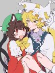  2girls animal_ears bandaid bandaid_on_face blonde_hair blush bow brown_hair buraisu12 cat_ears cat_tail chen dress fang fox_ears fox_tail hat highres multiple_girls multiple_tails open_mouth red_eyes short_hair skin_fang socks tail touhou yakumo_ran yellow_eyes 