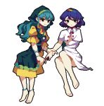  2girls 4qw5 apron bangs barefoot black_eyes blue_hair capelet closed_mouth dress english_commentary flower full_body green_apron green_headwear haniyasushin_keiki head_scarf highres holding_hands long_hair looking_at_viewer multicolored_hairband multiple_girls pixel_art short_hair short_sleeves simple_background single_strap tenkyuu_chimata touhou white_background white_capelet white_flower yellow_dress 