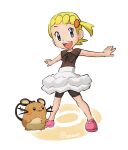  1girl :d bike_shorts_under_skirt blonde_hair blue_eyes bonnie_(pokemon) brown_shirt commentary_request dedenne elizabeth_(tomas21) eyelashes hair_ornament hairclip happy highres legs_apart open_mouth outstretched_arms pink_footwear poke_ball_symbol pokemon pokemon_(creature) pokemon_(game) pokemon_xy shirt shoes short_hair short_sleeves skirt smile standing teeth tongue twitter_username upper_teeth_only white_background white_skirt 