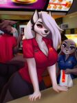  2023 5_fingers anthro aozee bag beastars bedroom_eyes black_bottomwear black_clothing black_pants bottomwear breasts butt canid canid_demon canine canis cleavage clothed clothing counter demon disney duo_focus employee employee_uniform fast_food_restaurant fingers fur group hair hair_over_eye hellhound helluva_boss hi_res holding_object imminent_sex judy_hopps juno_(beastars) lagomorph leporid looking_at_viewer loona_(helluva_boss) mammal mcdonald&#039;s name_tag narrowed_eyes netflix one_eye_obstructed pants rabbit seductive smile wolf zootopia 