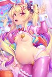  1girl :d animal_ears blonde_hair blush bow bowtie breasts hair_ornament heart_pasties highres long_hair looking_at_viewer maebari meme_attire multicolored_hair navel navel_piercing original pasties piercing pink_thighhighs pointy_ears pregnant purple_hair rabbit_ears rabbit_tail red_eyes red_nails reverse_bunnysuit reverse_outfit smile solo tail teeth thighhighs toraishi_666 twintails two-tone_hair very_long_hair 
