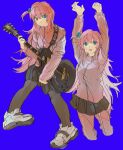  1girl bangs blue_background blue_eyes bocchi_the_rock! cloudyooooo cube_hair_ornament electric_guitar gibson_les_paul gotou_hitori grey_skirt guitar hair_between_eyes hair_ornament highres holding holding_instrument instrument jacket long_hair multiple_views music one_side_up open_mouth pants pants_under_skirt pink_hair pink_jacket pink_pants playing_instrument pleated_skirt skirt track_jacket track_pants 