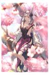  1girl animal_ears barefoot blurry blurry_background blurry_foreground border breasts cleavage closed_mouth collarbone floating_hair flower granblue_fantasy highres horse_ears horse_girl horse_tail in_tree long_hair long_sleeves looking_at_viewer medium_breasts pink_flower purple_eyes purple_ribbon ribbon shimatani_azu sideboob sitting sitting_in_tree smile societte_(granblue_fantasy) solo sunlight tail tree very_long_hair white_border white_hair wide_sleeves 