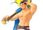 abs axe bara belt blue_eyes blue_hair fire_emblem fire_emblem:_the_blazing_blade hector_(fire_emblem) hidora_art highres holding holding_axe holding_weapon muscular muscular_male one_eye_closed pectorals smile sweat topless_male weapon white_background 